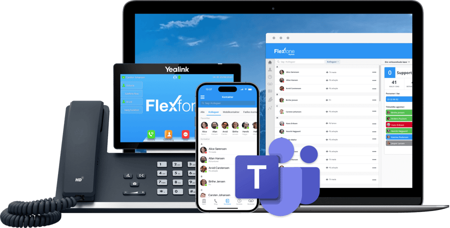 En total erhvervstelefoni løsning fra Flexfone, med mobiltelefoni, bordtelefoni, softphone og Microsoft Teams