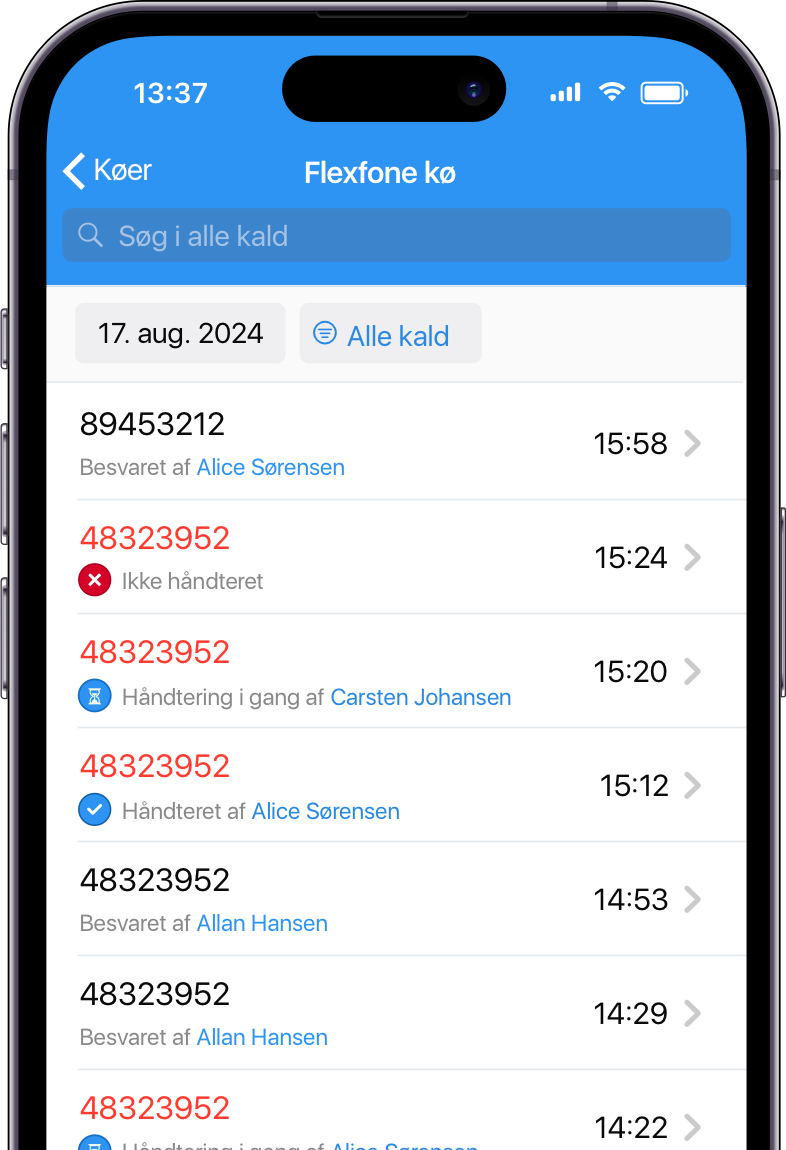 Se alle opkald en telefonkø har modtaget, med Flexfones køkaldshistorik